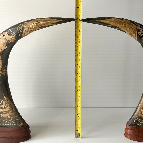 Vintage Hand-Carved Water Buffalo Horn Pair Dragon & Tiger Asian Art Decor - Picture 8 of 11